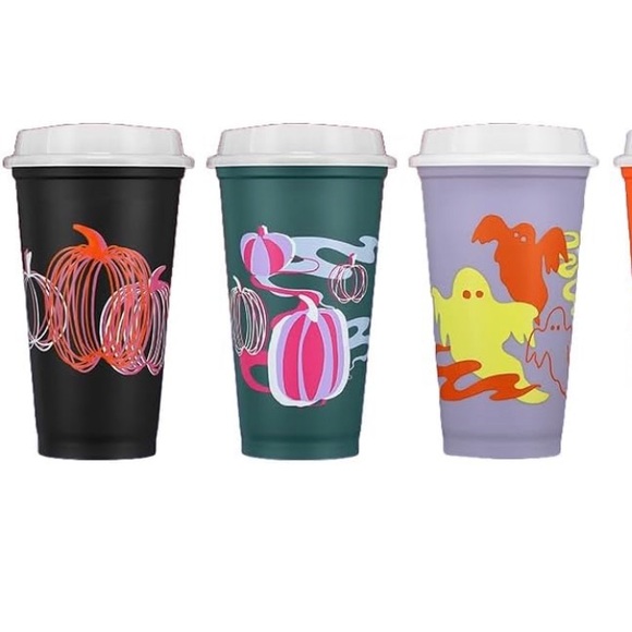573. Starbucks 2023 Reusable Plastic Hot Cups w/ Lids Glow in the Dark Halloween - Picture 4 of 8